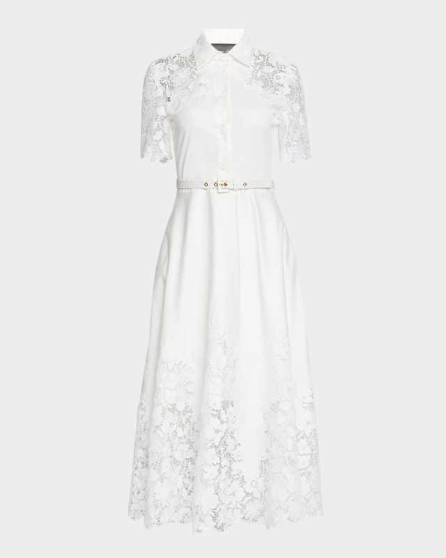 Lace-Inset Short-Sleeve Cotton Midi Shirtdress